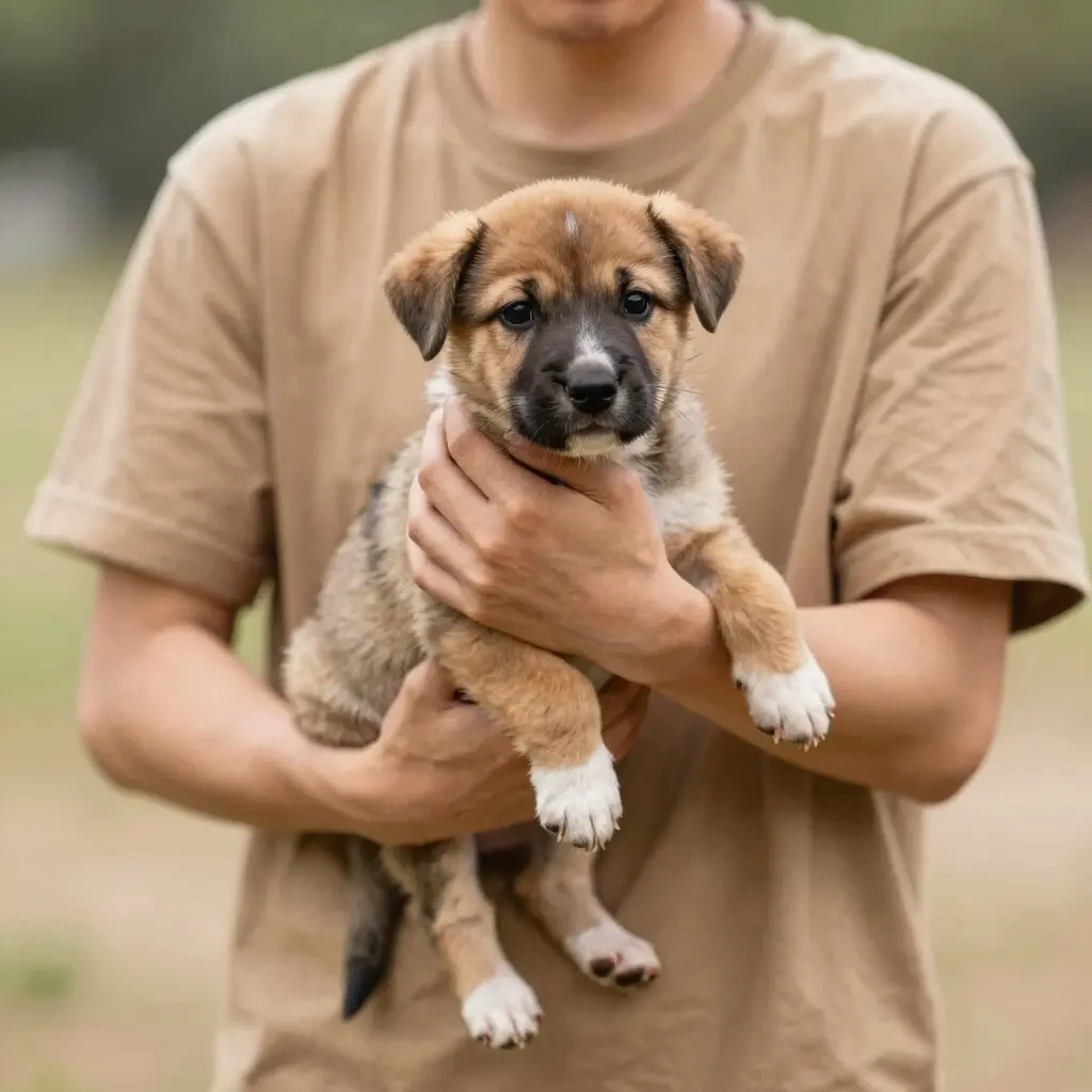 Voluntário segurando no colo um filhote de cachorro resgatado